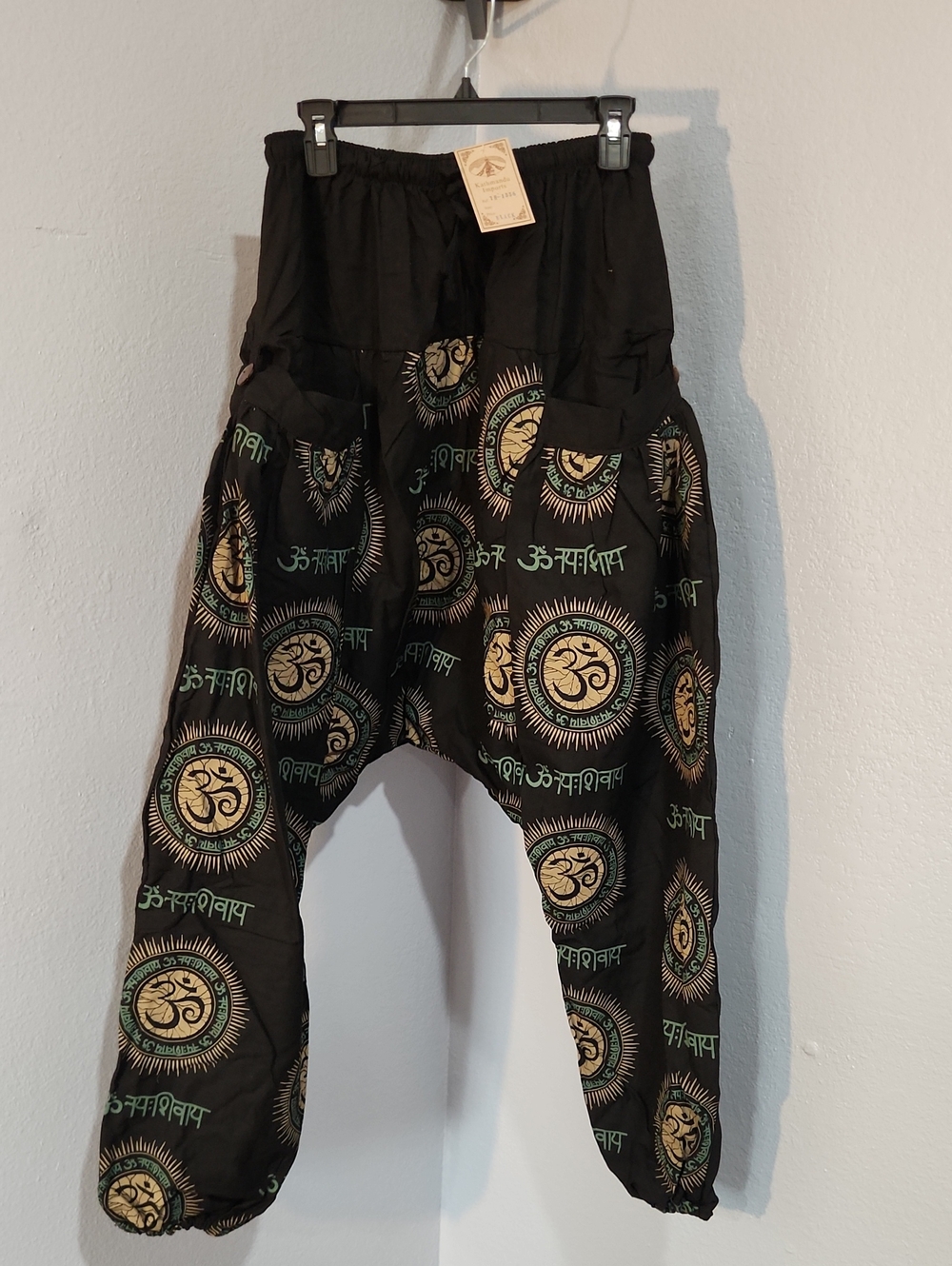 Kathmandu Black Harem Pants with Green & Gold Print